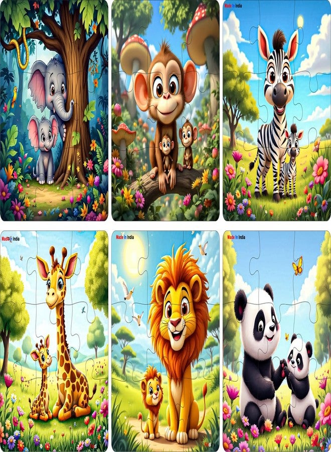 Fiddlys Single Layered Wooden Jigsaw Puzzle Games for Children & Kids -9 Pieces Age 2 3 4 5 6 Year Old Years Old Girls & Boys Animals Jigsaw Puzzle (Pack of 6 Wild Animal) - Image 1